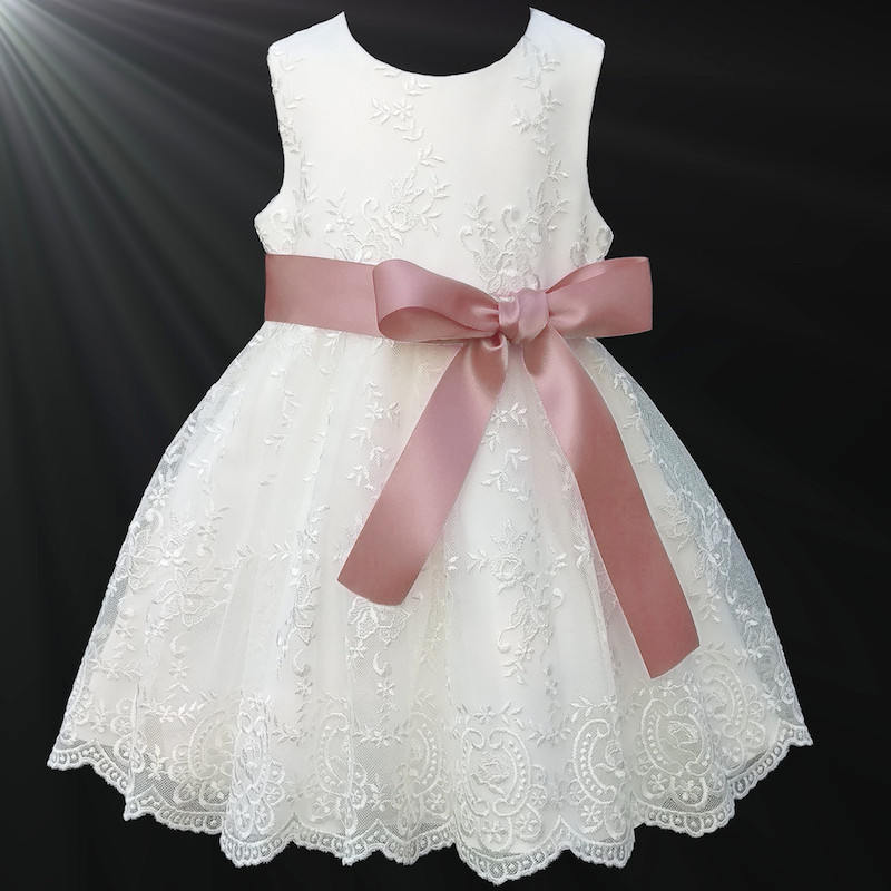 Girls Ivory Floral Lace Dress with Rose Gold Satin Sash Flower Girl